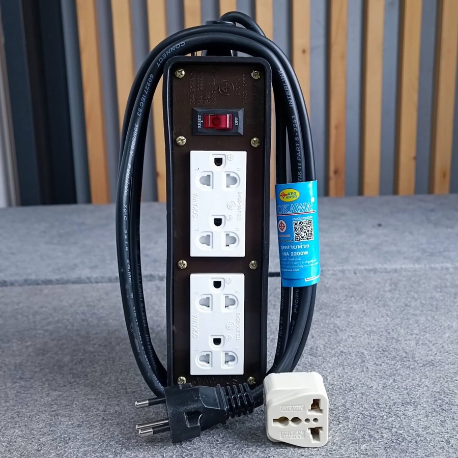 1SOKAWA บล็อคยาง2x6+ปลั๊กกราวด์คู่(มอก.)10A สาย10เมตร สายขนาด3x1.5MM ปลั๊กไฟ ปลั๊กพ่วง บล็อคยาง4ช่อง พร้อมสายไฟ เอไอ-ไพศาล