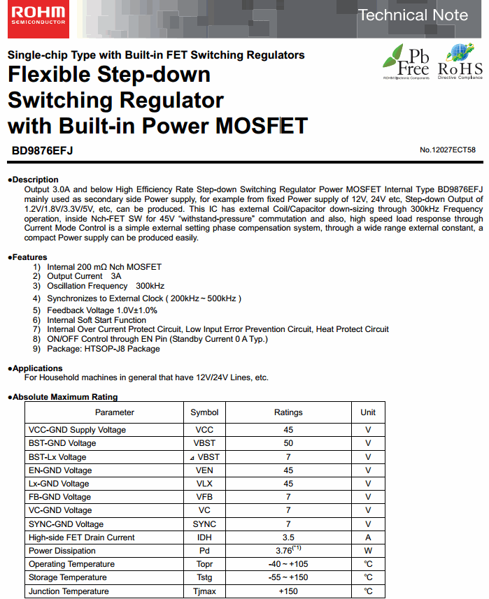 BD9876EFJ-E2 (SOIC8) 3A Step-Down Regulator 1V~29.4V Adjustable
