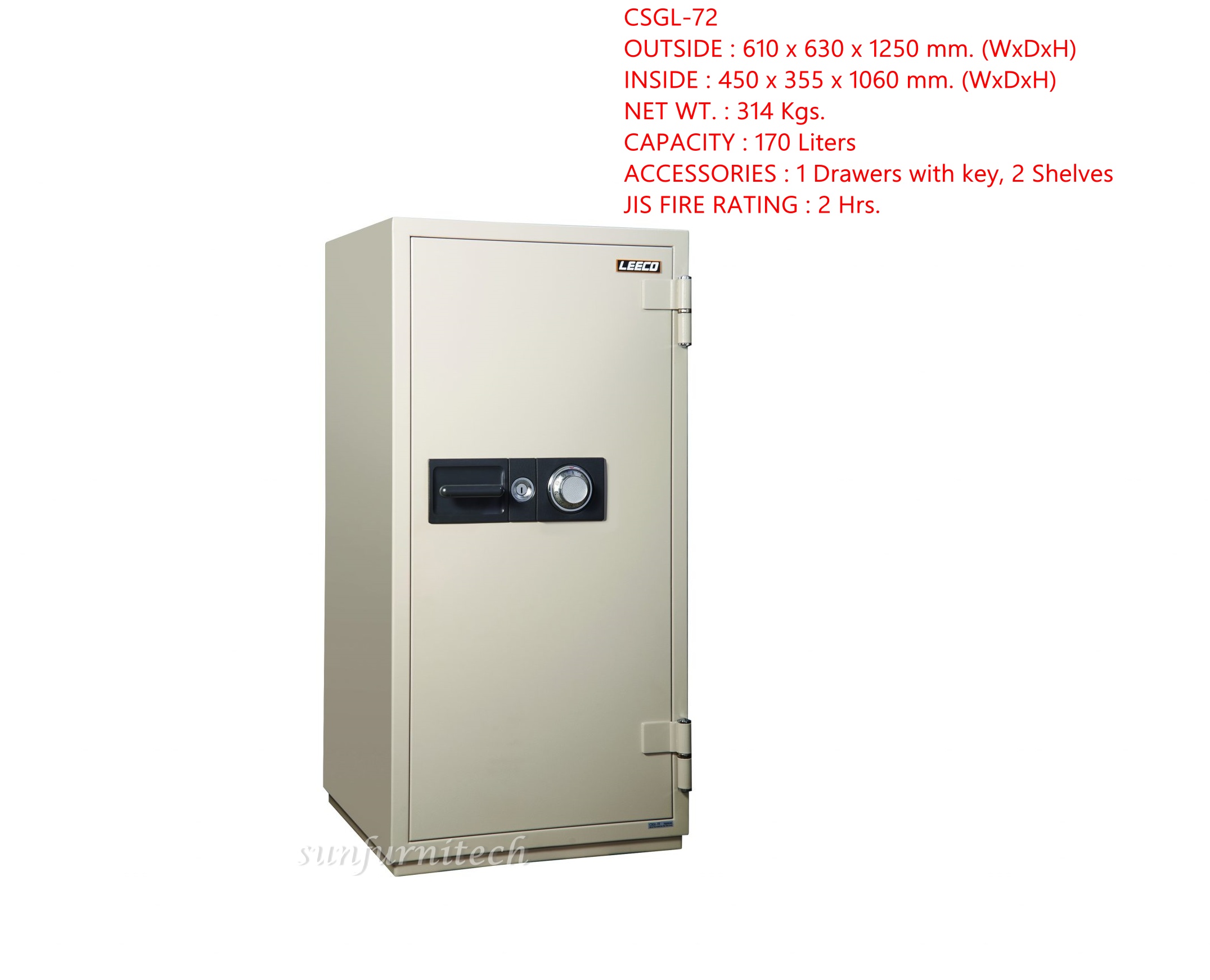 ตู้เซฟนิรภัย 1 กุญแจ 1 รห้ส น้ำหนัก 314 กก. ยี่ห้อ LEECO ( ลีโก้ ) รุ่น CSGL-72