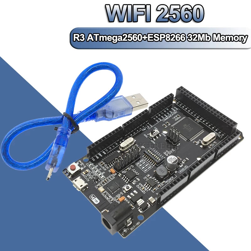 Arduino Mega +WiFi R3 ATmega2560+ESP8266 (32Mb memory), USB-TTL CH340G. Compatible for Arduino Mega, NodeMCU, WeMos ESP8266