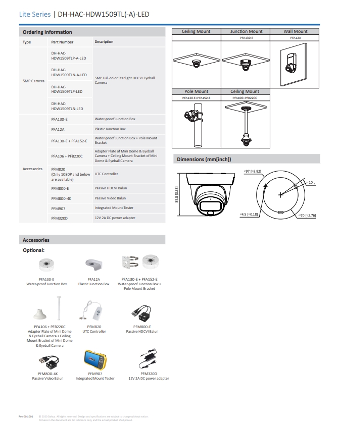 กล้องวงจรปิด Dahua 5MP Full-color Starlight HDCVI Eyeball Camera รุ่น DH-HAC-HDW1509TL(-A)-LED (3.6mm)