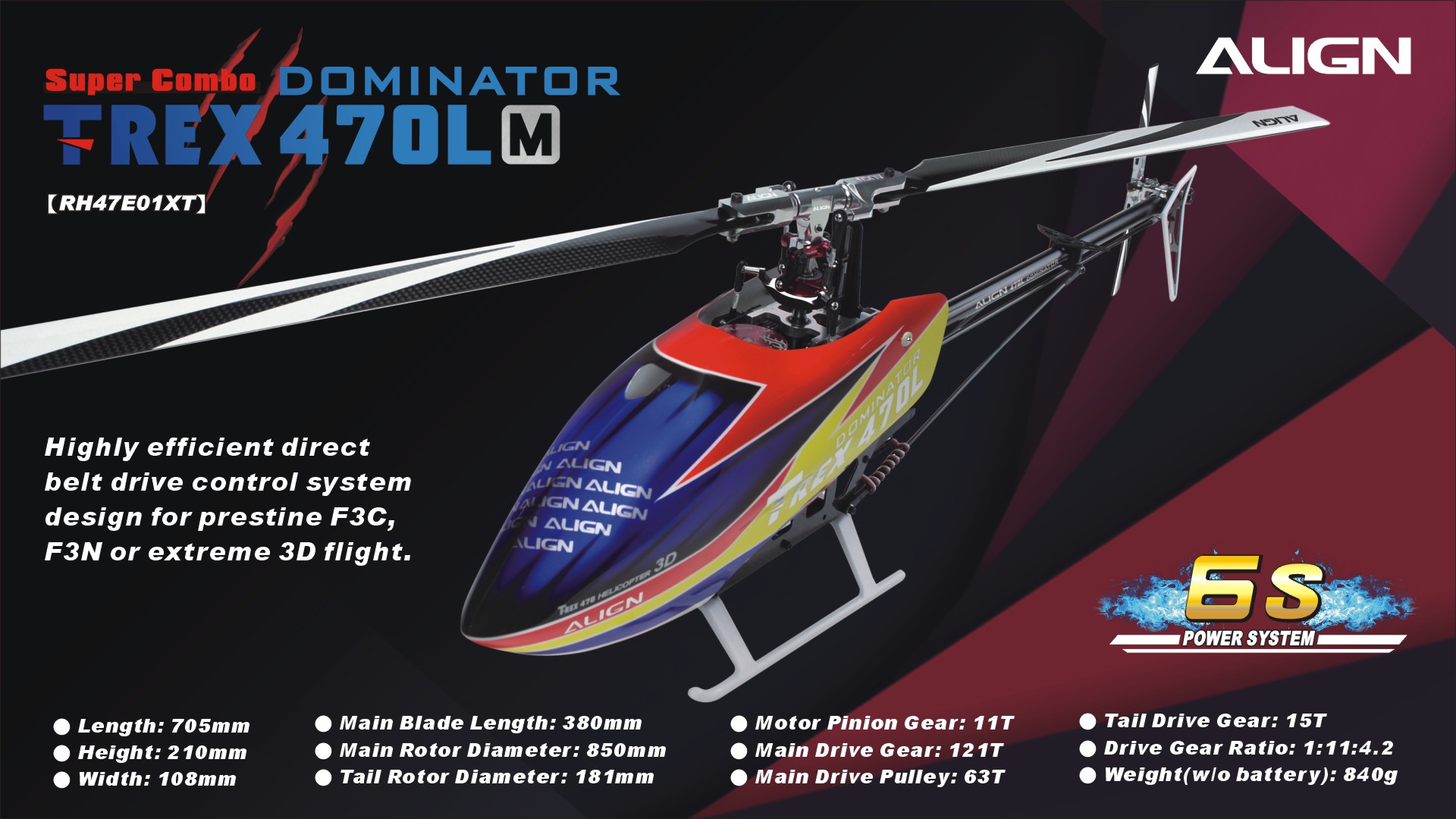 เฮลิคอปเตอร์บังคับ ชุดเฮดอลู+สายพาน ตัวลำ+ชุดไฟ T-REX 470LM Super Combo
