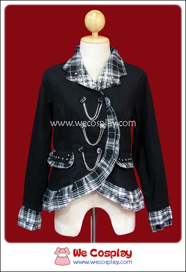 เสื้อสูทพังค์ Punk Suit พื้นดำ ปกระบายลายสก๊อตสีขาวดำ ประดับด้วยโซ่