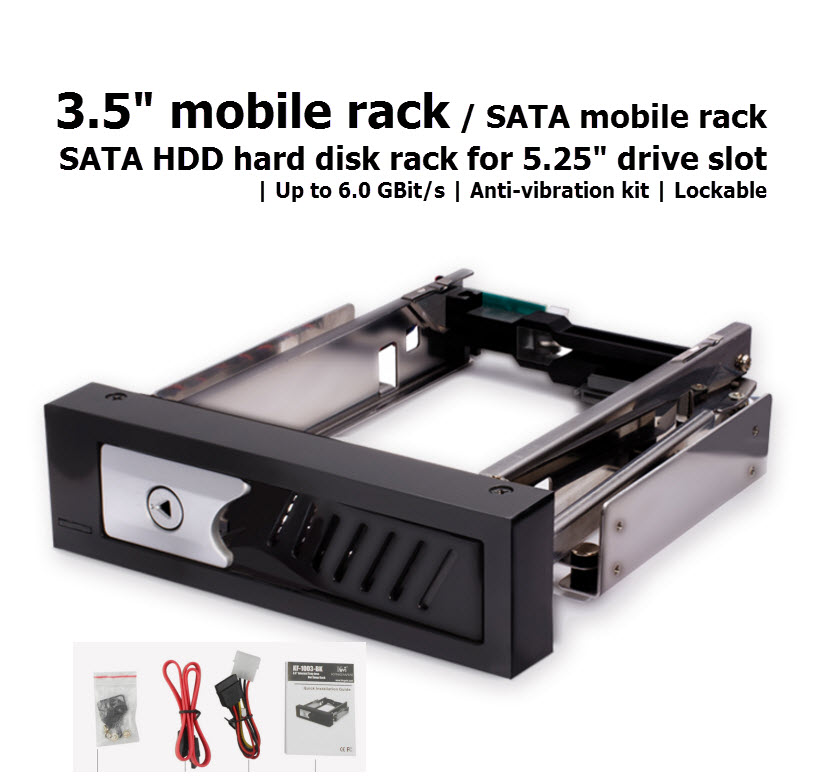 3.5" mobile rack / SATA mobile rack | SATA I/II/III HDD hard disk rack for 5.25" drive slot | Up to 6.0 GBit/s | Anti-vibration kit | Lockable