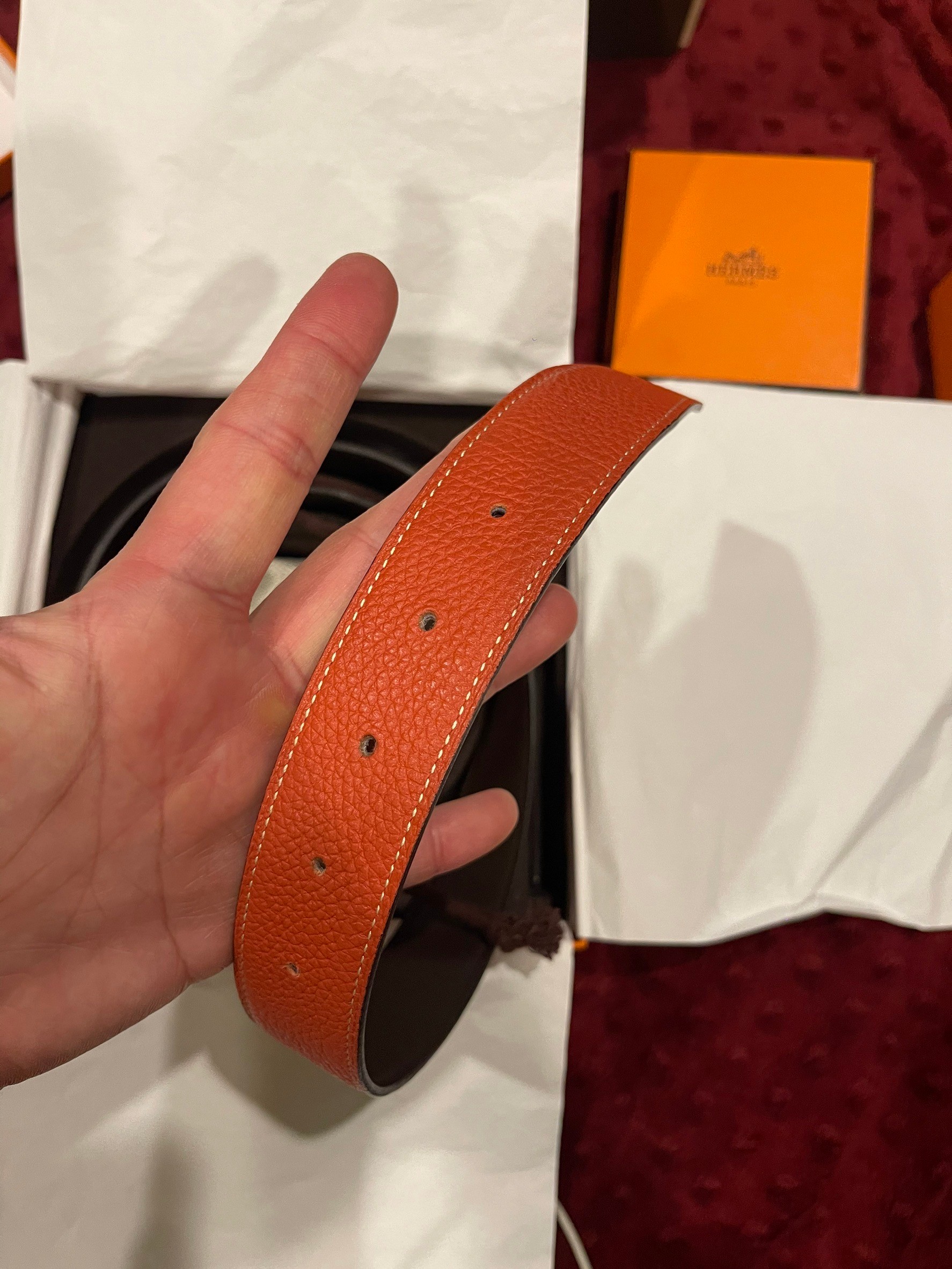 เข็มขัด Hermes Reversible leather strap 32 mm น้ำตาลเข้ม / Orange ขนาด 85 CM
