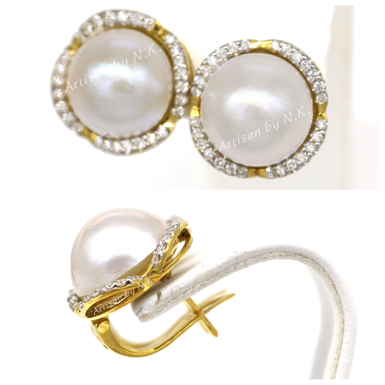 ต่างหูทองฝังมุกล้อมเพชร (Gold Earring with Diamond and natural pearl)