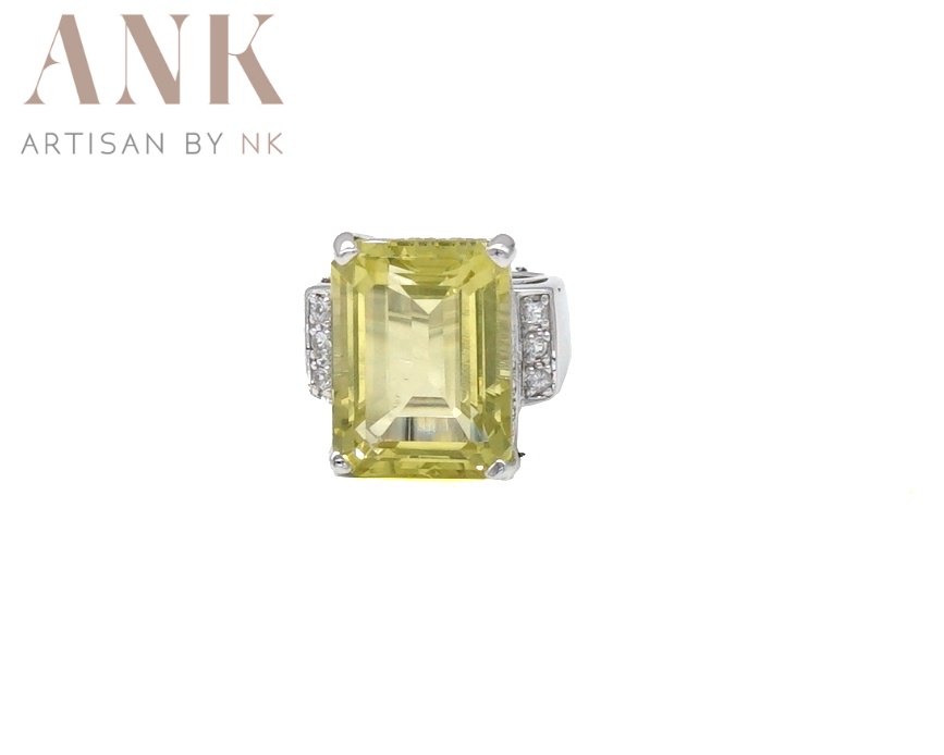 แหวนเงินแท้ชุบทองคำขาวฝังพลอยเลม่อนควอตช์ (Lemon quartz) ขนาด15mm.*20mm.