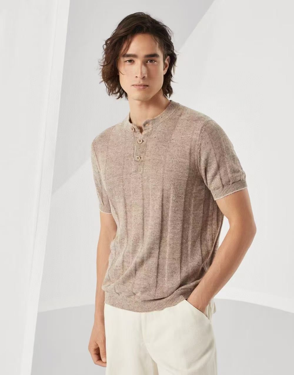 **do** เสื้อ brunello cucinelli Linen and cotton textured rib knit T-shirt with Henley collar สินค้าใหม่ ของแท้