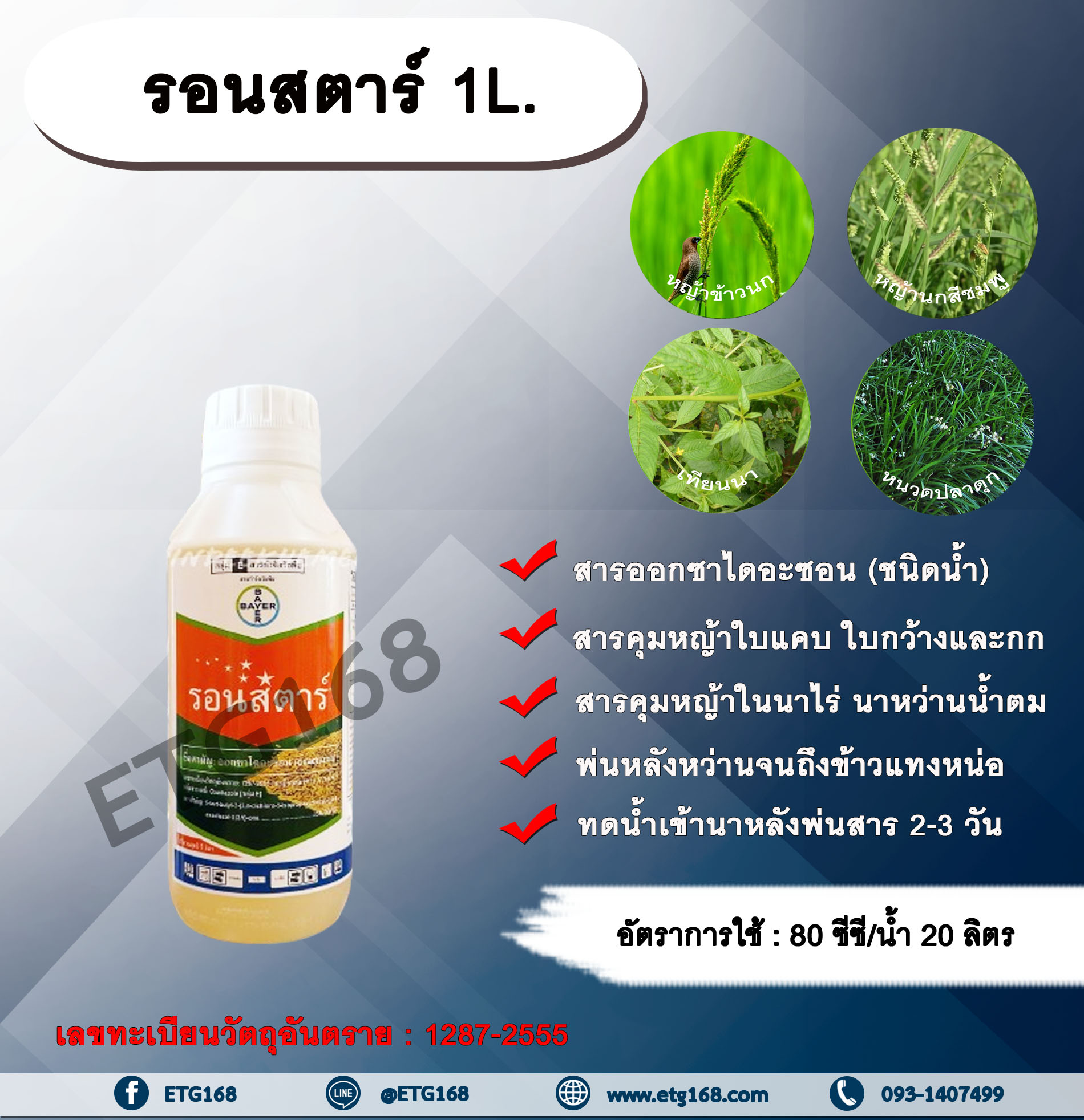 รอนสตาร์ 1L. สารออกซาไดอะซอน สารคุมหญ้า คุมวัชพืช คุมหญ้าในนาข้าว คุมหญ้าใบแคบ คุมหญ้าใบกว้าง คุมกก พ่นได้ทั้งดินแห้ง และดินเปียก หญ้าข้าวนก หญ้านกสีชมพู หญ้าปากควาย หญ้าดอกขาว เทียนนา หนวดปลาดุก กก กกทราย
