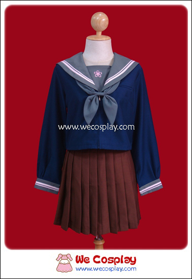 ชุดนักเรียนญี่ปุ่นแขนยาวสีน้ำเงิน ปกกะลาสีสีเทา กระโปรงน้ำตาล พร้อมถุงเท้าระดับเข่าสีดำ