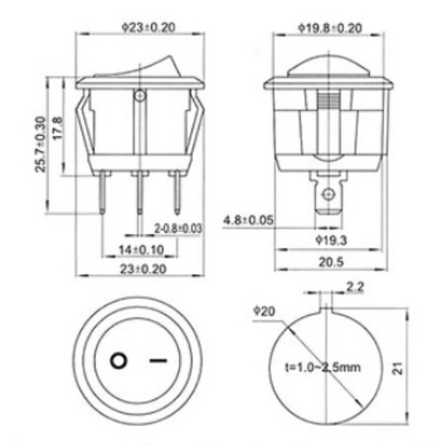 ROUND ROCKER SWITCH KCD1-105 (20mm) (ON-OFF-ON)