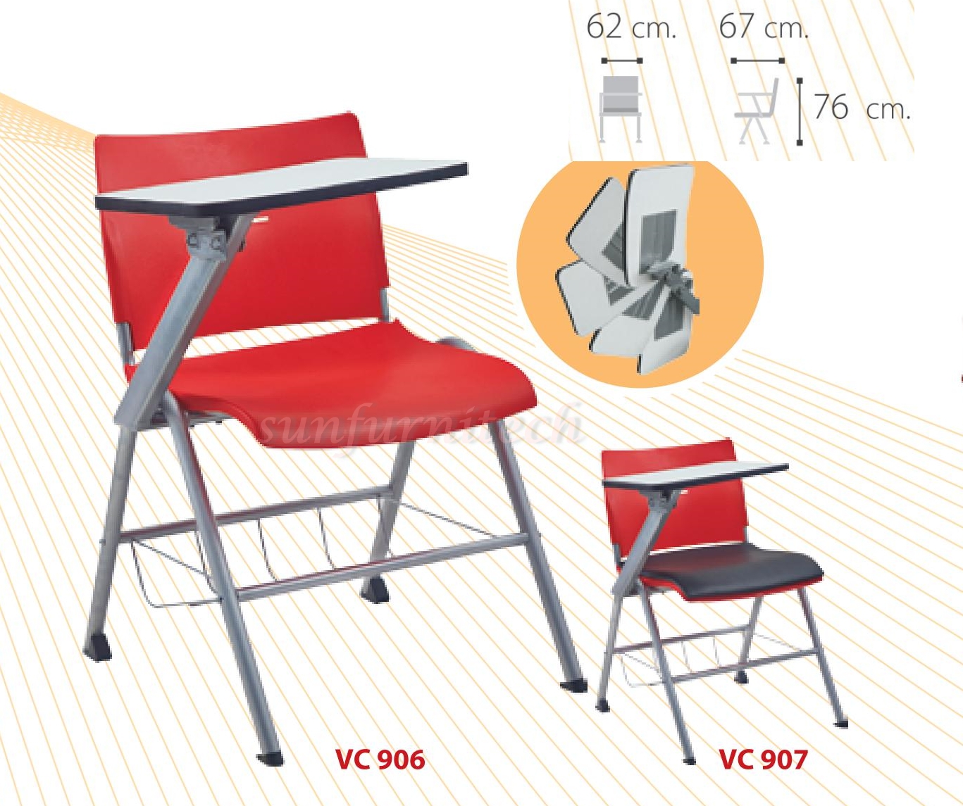 เก้าอี้เลคเชอร์พลาสติกพีพี, เก้าอี้ฟังบรรยาย, เก้าอี้ห้องเรียน เลคเชอร์เก็บด้านข้าง มีตะแกรง VC รุ่น VC-906