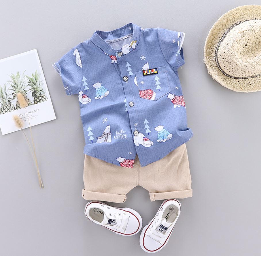 พร้อมส่งจากไทย เสื้อผ้าเด็กผู้ชาย ชุดเด็กผู้ชาย ชุดแฟชั่นเด็ก เสื้อเชิ้ตเด็ก เสื้อฮาวายเด็ก ชุดเด็กแขนสั้น เสื้อ+กางเกง ลายหมีขั้วโลก