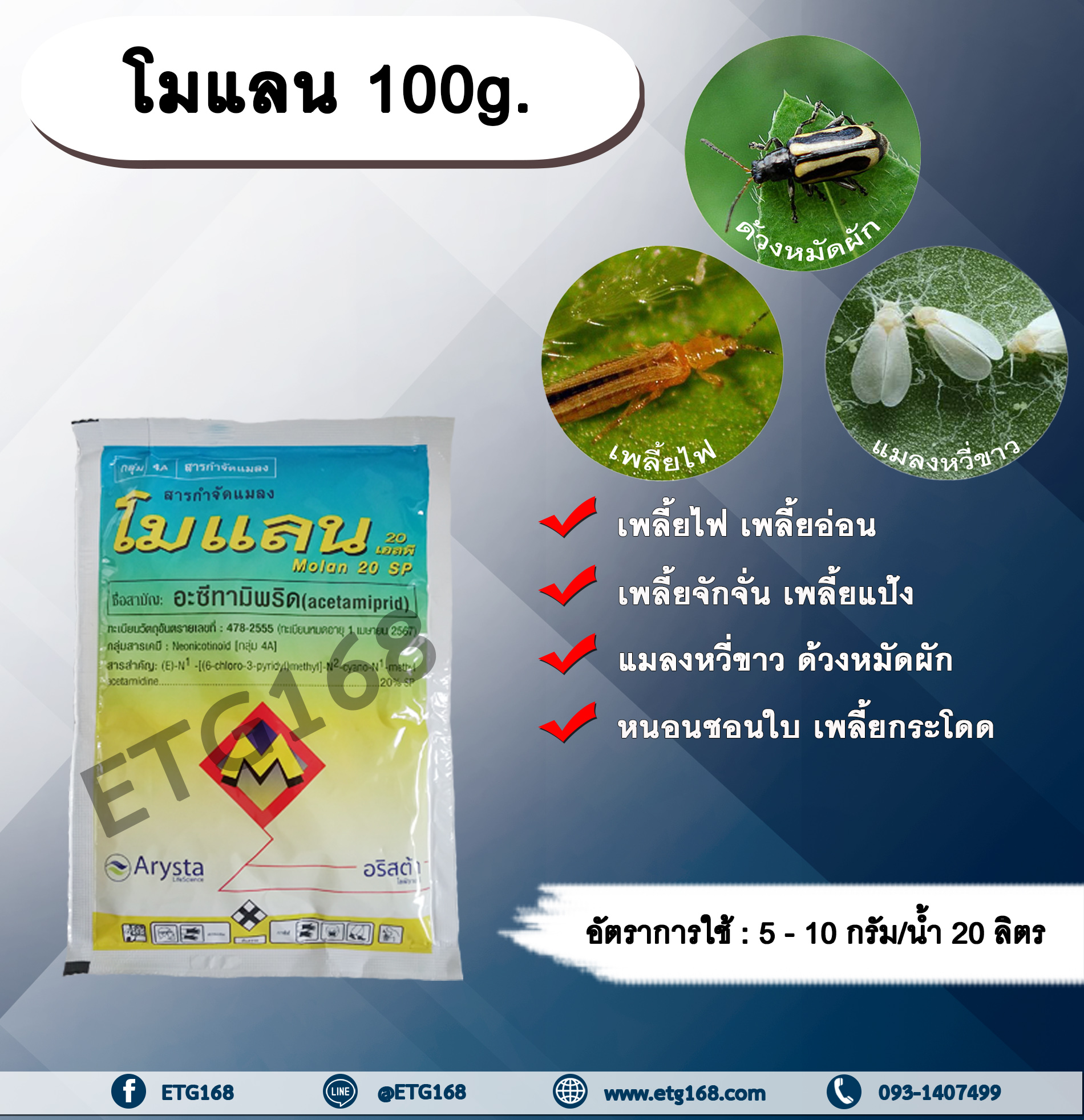 โมแลน 100g. อะซีทามิพริด อะเซทามิพริด สารกำจัดแมลง ดูดซึม กำจัด เพลี้ยไฟ แมลงหวี่ขาว