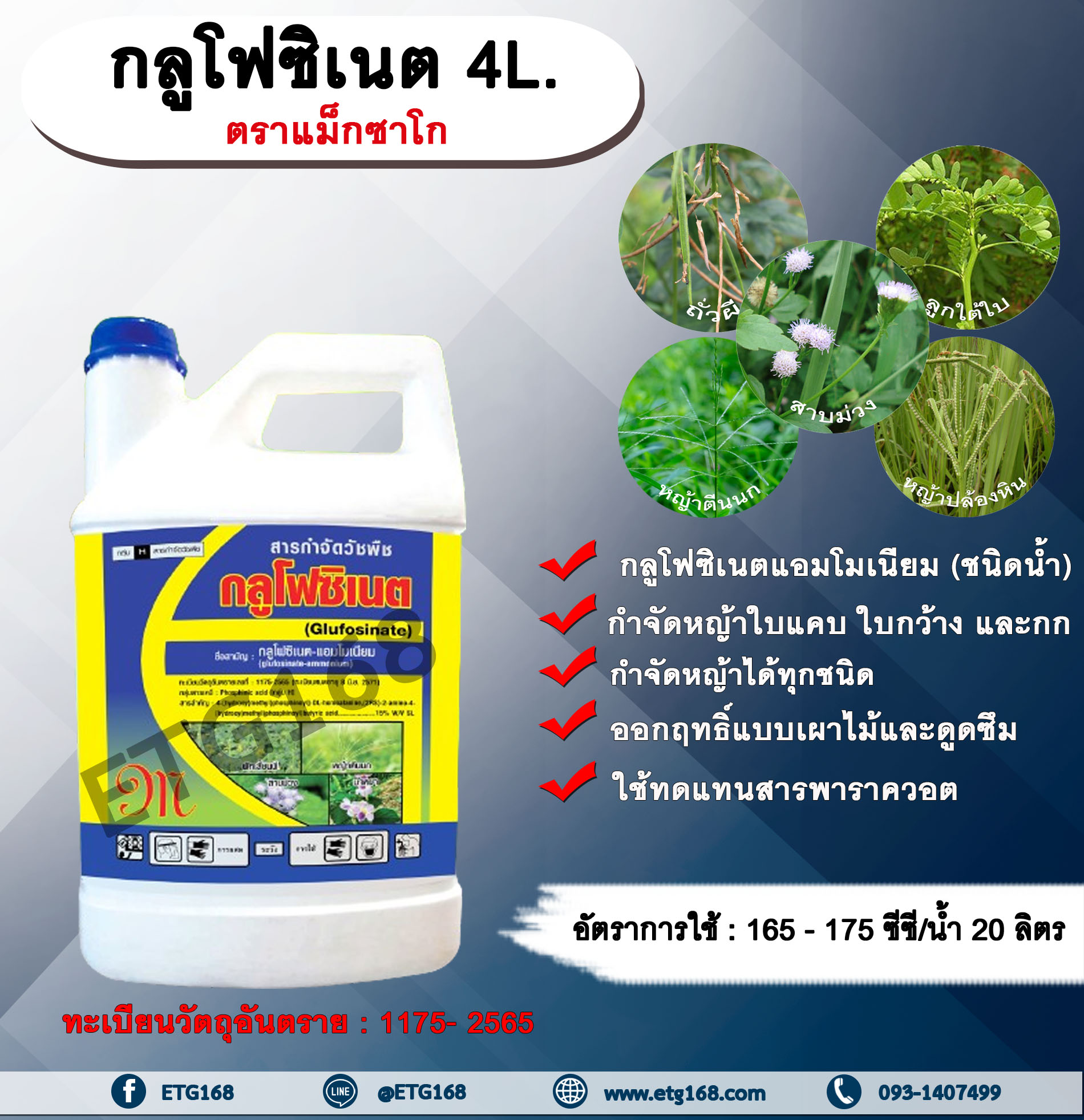 กลูโฟซิเนต ตราแม็กซาโก 4L. กลูโฟซิเนตแอมโมเนียม สารกำจัดวัชพืช กำจัดหญ้าใบแคบ ใบกว้าง กก หญ้าทุกชนิด ออกฤทธิ์แบบเผาไหม้และดูดซึม