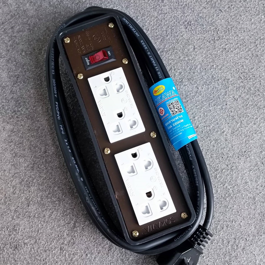 1SOKAWA บล็อคยาง2x6+ปลั๊กกราวด์คู่(มอก.)10A สาย10เมตร สายขนาด3x1MM ปลั๊กไฟ ปลั๊กพ่วง บล็อคยาง4ช่อง พร้อมสายไฟ เอไอ-ไพศาล