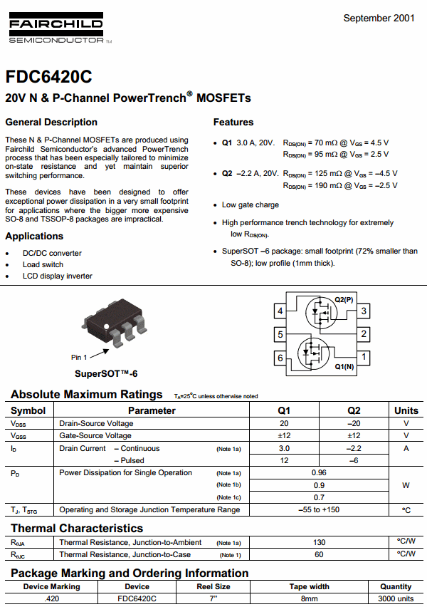 FDC6420C 20V (SOT23-6) N & P-Channel PowerTrench® MOSFETs