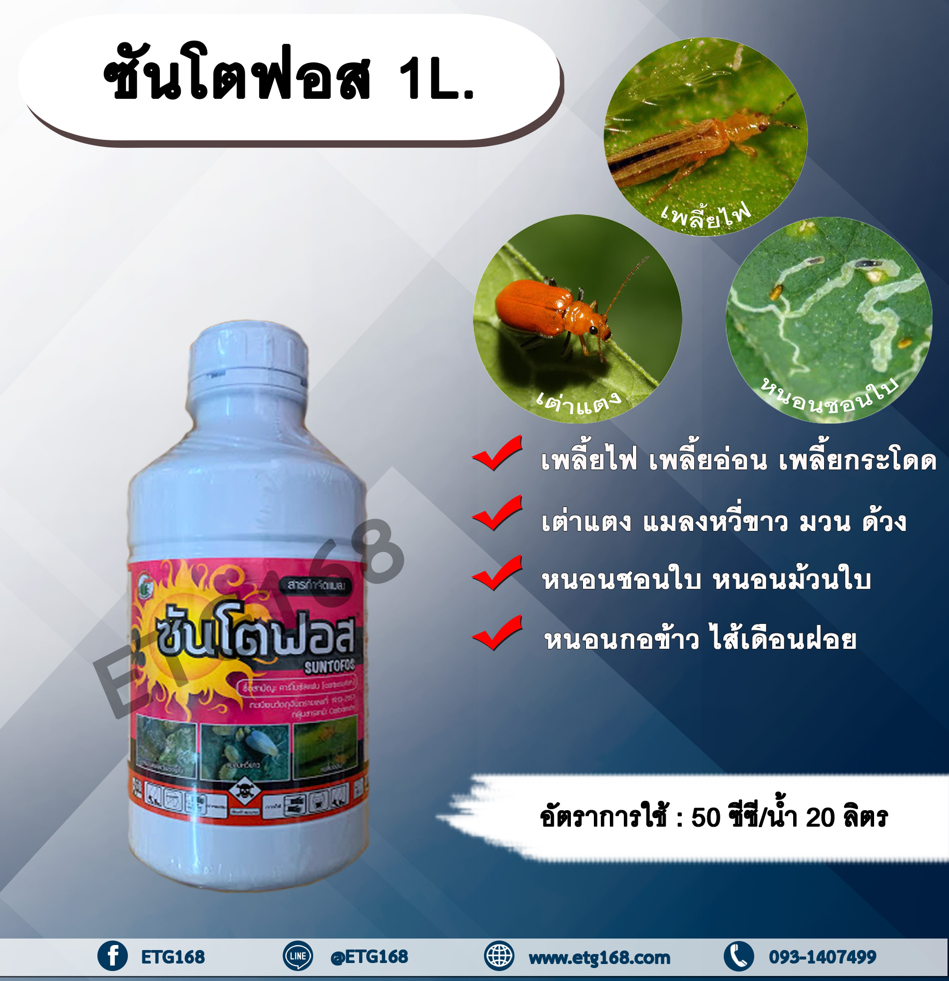 ซันโตฟอส 1L. สารกำจัดแมลง คาร์โบซัลแฟน กำจัดเพลี้ยไฟ เพลี้ยอ่อน เพลี้ยกระโดด เต่าแตง แมลงหวี่ขาว กำจัดหนอน ดูดซึม