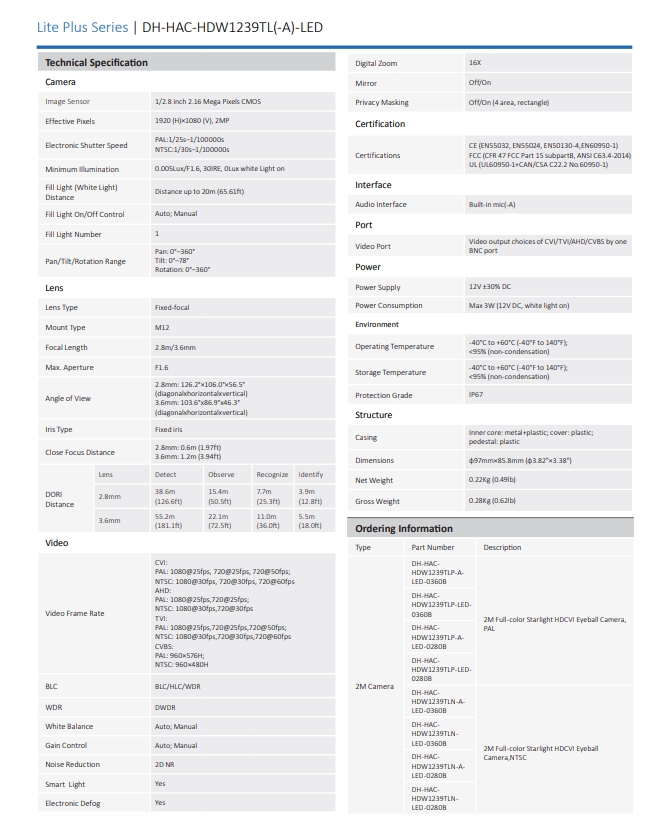 กล้องวงจรปิด Dahua 2MP Full-color Starlight HDCVI Eyeball Camera รุ่น DH-HAC-HDW1239TL(-A)-LED (2.8mm)