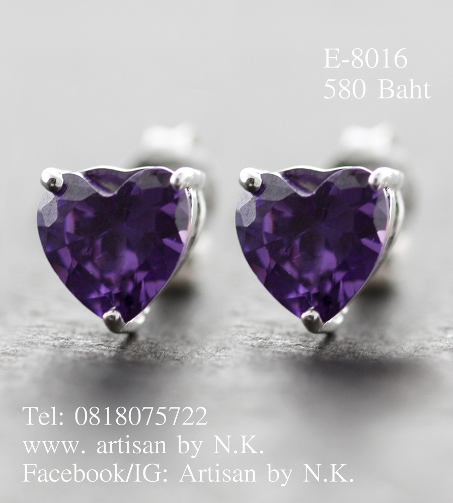 ต่างหูเงินแท้ชุบทองขาว ฝังเพชร CZ เกรด AAA สี Amethyst