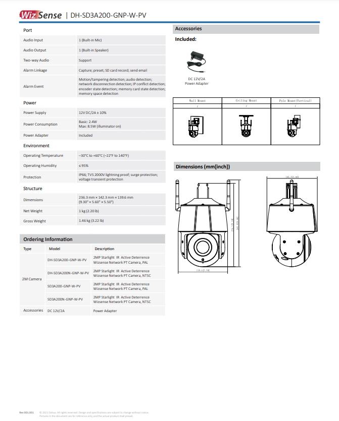 กล้องวงจรปิด Dahua 2MP Starlight Active Deterrence Wizsense Network PT Camera รุ่น DH-SD3A200-GNP-W-PV