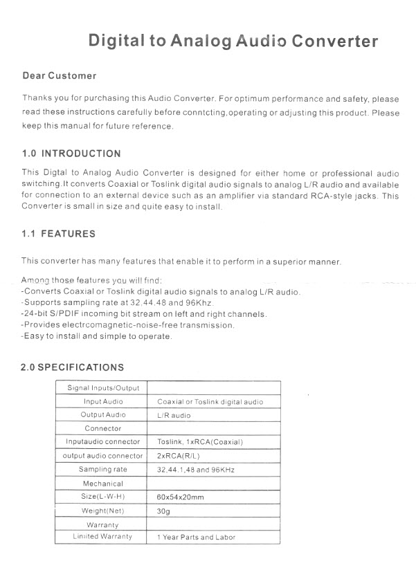 TV Optical SPDIF/Coaxial Digital to RCA L/R Analog Audio Converter Headphone Out