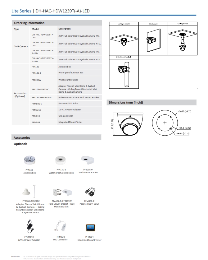 กล้องวงจรปิด Dahua 2MP Full-color HDCVI Eyeball Camera รุ่น DH-HAC-HDW1239T(-A)-LED (3.6mm)