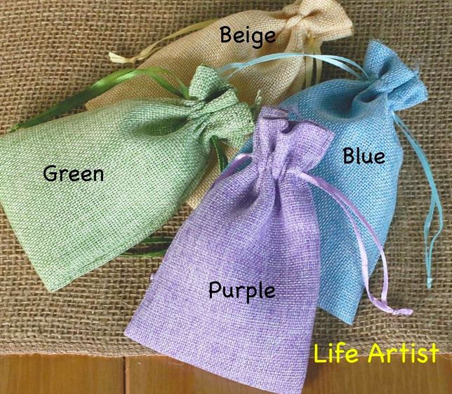 ถุงใส่ของชำร่วย ถุงผ้า ลินิน ถุงผ้ากระสอบ ถุงผ้าธรรมชาติ ย้อม สีเขียว ฟ้า น้ำตาล ม่วง สไตล์วินเทจ ถุงผ้า ขนาด 10 x 15 cm ใส่ของขวัญ 54158