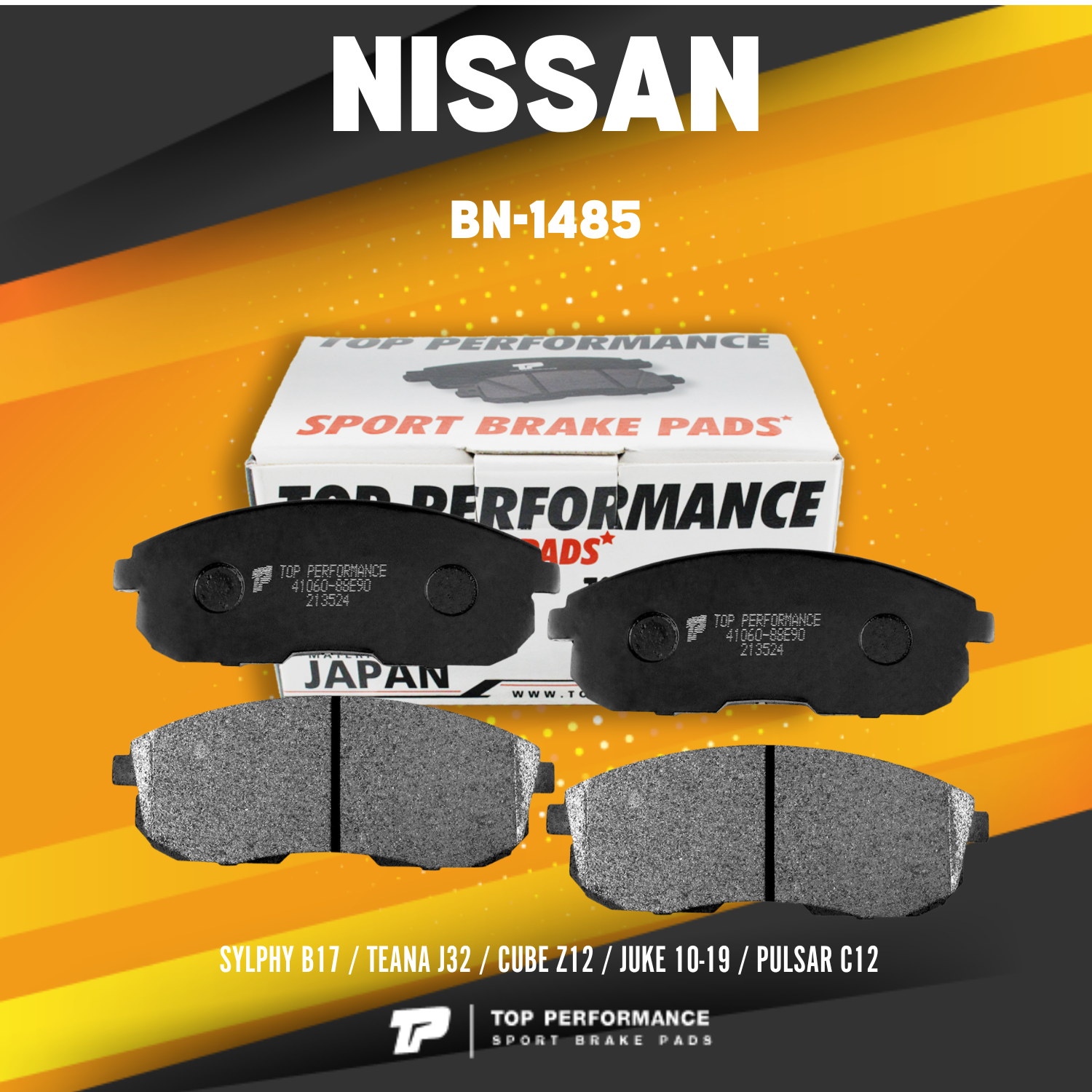 TOP PERFORMANCE (ประกัน 3 เดือน) ผ้าเบรค หน้า NISSAN SYLPHY B17 / TEANA J32 / CUBE Z12 / JUKE 10-19 / PULSAR C12 - BN 1485 / BN1485 - MADE IN JAPAN - ผ้า ดิสเบรค เบรก นิสสัน ซิลฟี่ เทียน่า คิวป์ จุ๊ค พัลซ่า