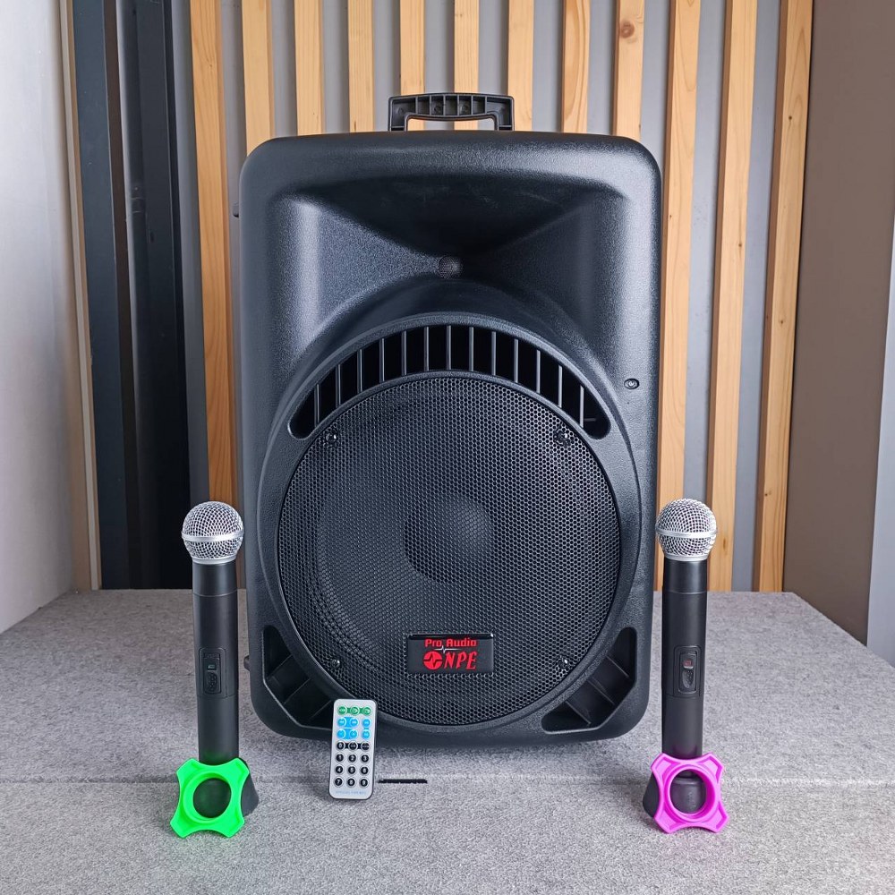 NPE ตู้ลำโพงมีแอมป์ MK-12BAT BLUETOOTH USB FM RECORD MK12 BAT พร้อมไมค์ลอย 2 ตัว มีแบตในตัวชาร์จได้ มีล้อลาก MK12BAT