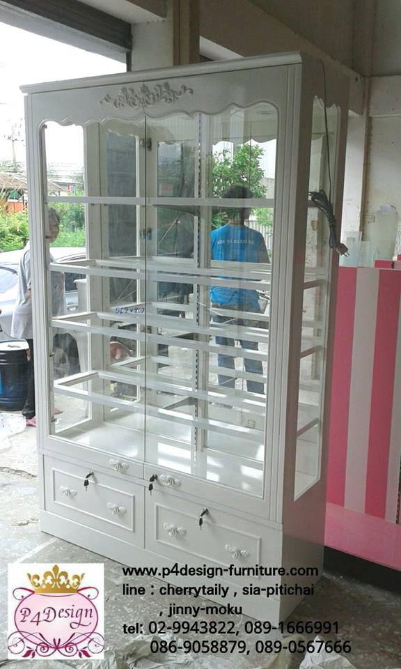 ตู้โชวชั้นวางกระจกใส วินเทจ สีขาว สำหรับตกแต่งบ้าน ร้านค้า
