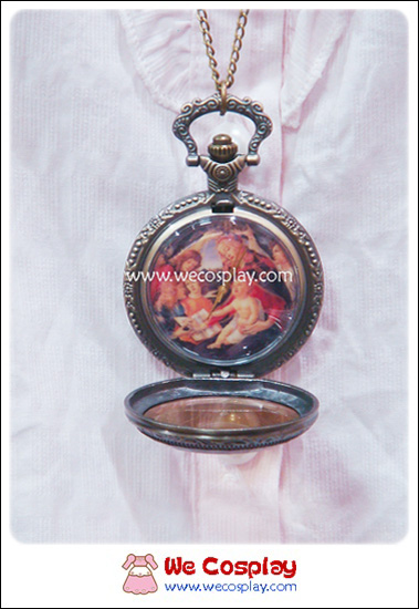 สร้อยคอโกธิคโลลิต้า จี้ล็อกเก็ตนาฬิกาสีทองรมดำ ฝากระจกสีชาหน้าปัดลายภาพวาด