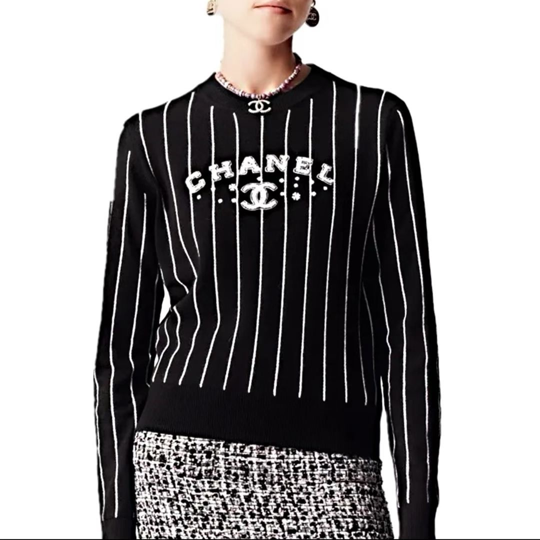 **do** เสื้อ Chanel Cashmere Sweater Striped Coco Mark Embroidery สินค้าใหม่ ของแท้