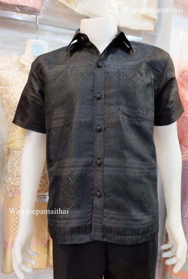 เสื้อผ้าไหมชาย (แพรวายกสี) สีดำลาย ไทย ไซด์ XL