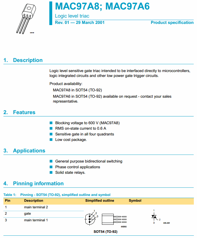 MAC97A8 (TO-92) Logic Level Triac 0.6A /600V