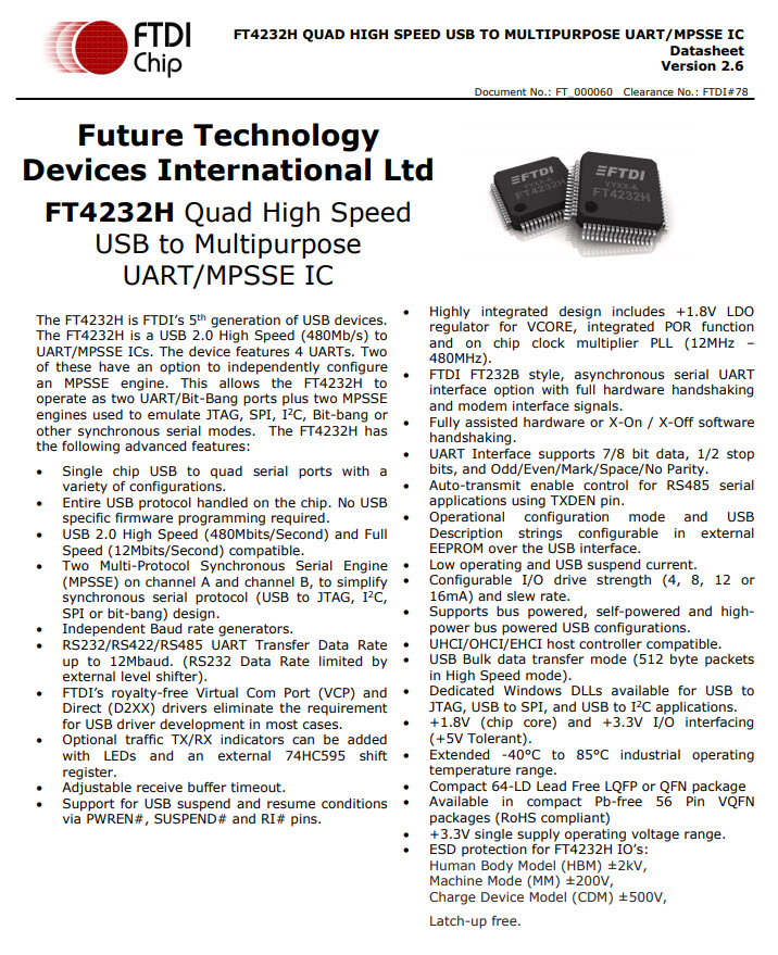 FT4232H QUAD HIGH SPEED USB TO MULTIPURPOSE UART 64-Pin LQFP