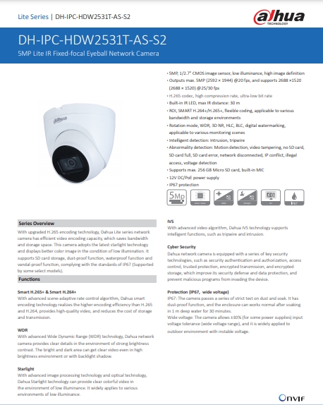 กล้องวงจรปิด Dahua 5MP Fixed-focal Eyeball Network Camera รุ่น DH-IPC-HDW2531T-AS-S2-1 (2.8mm)