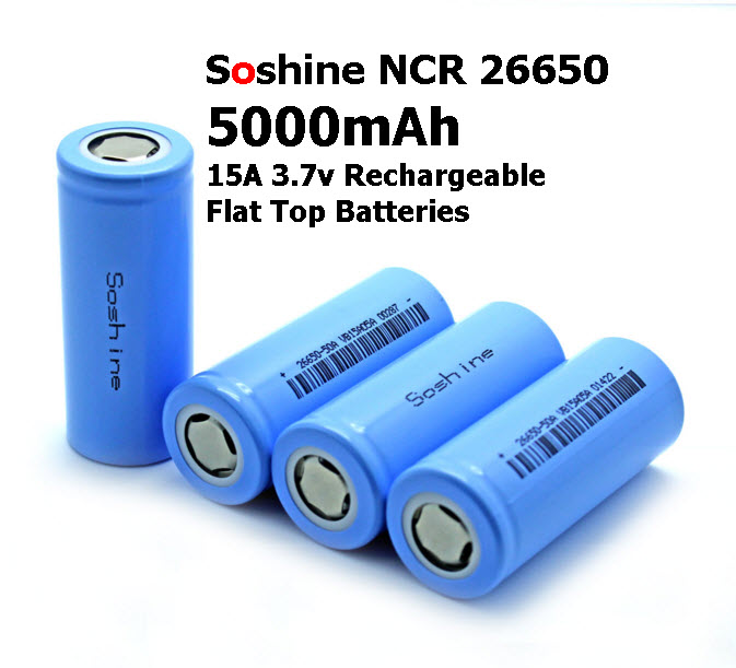 Soshine INR26650 5000mAh 15A 3.7v Rechargeable Flat Top Batteries