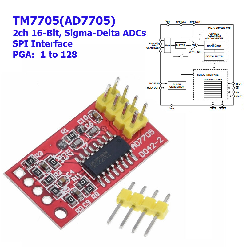 TM7705 (AD7705) Gain 1 to 128 ,2ch Sigma-Delta ADCs Module , SPI Interface