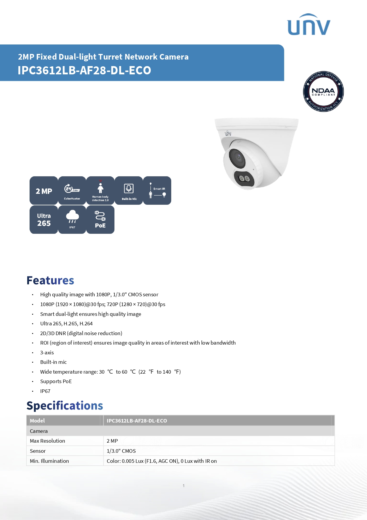Uniview กล้องวงจรปิด CCTV IP รุ่น IPC3612LB-AF28-DL-ECO 2MP