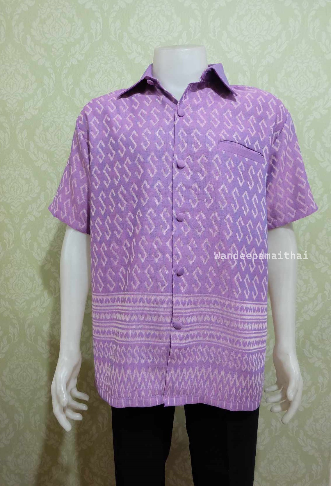 เสื้อลายขอผู้ชาย ผ้าฝ้ายทอลายเนื้อดี สีม่วง 4XL อกเสื้อ50 นิ้ว