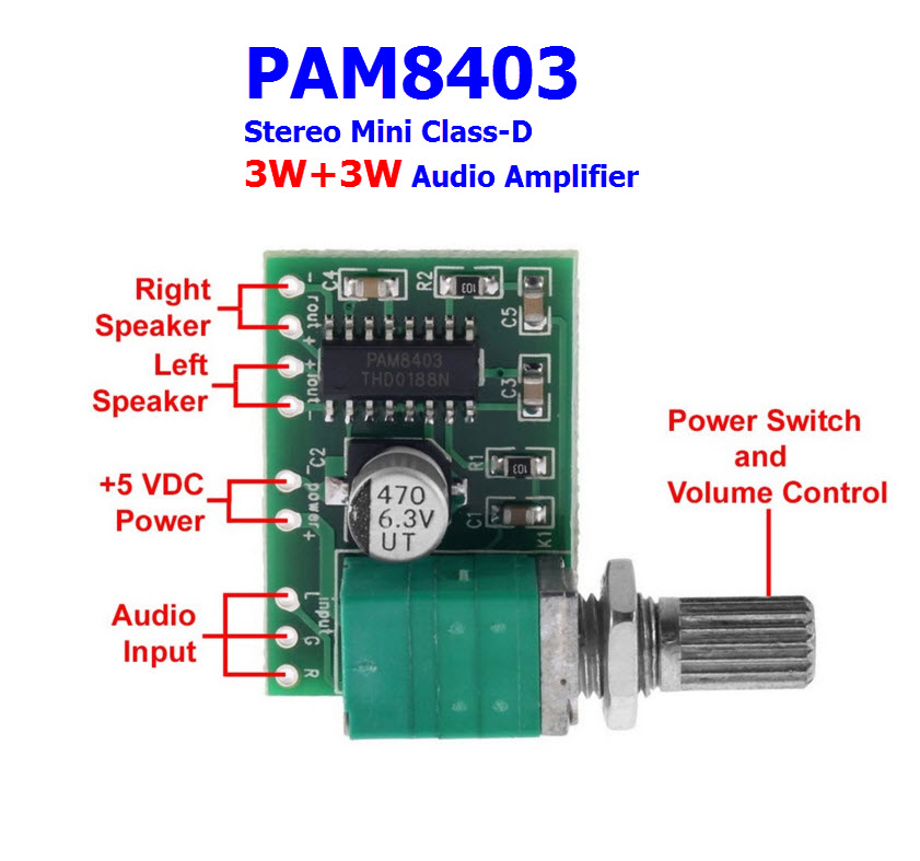 PAM8403 5V Stereo Mini Class-D 3W+3W Audio Amplifier with Volume Control