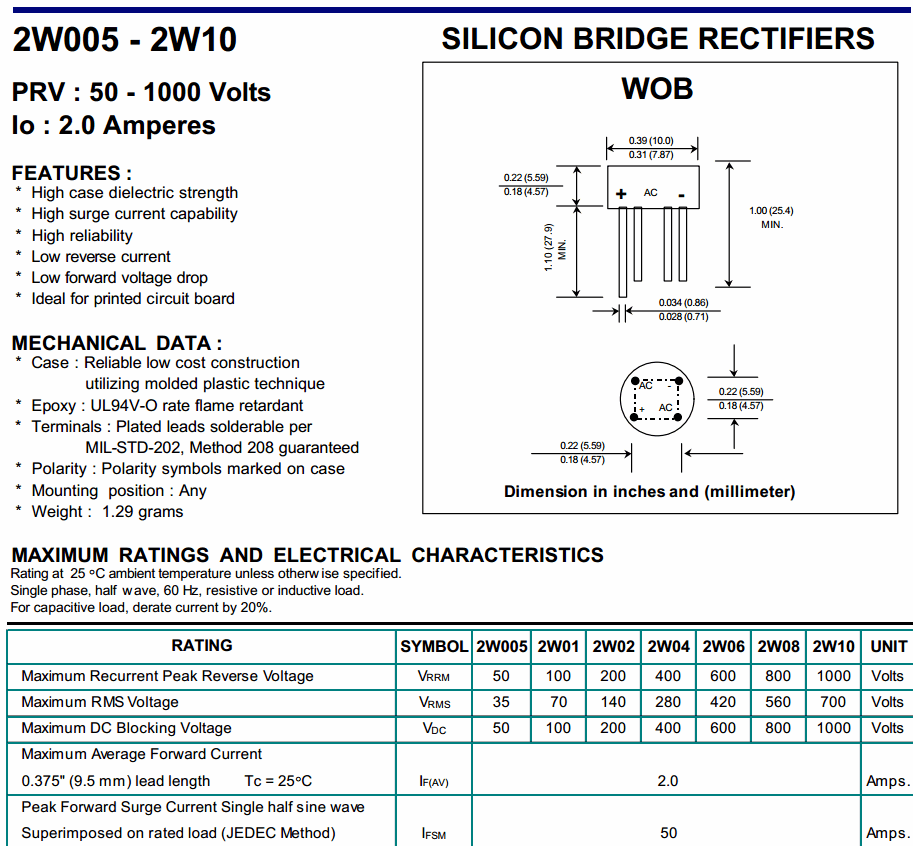 2W10 ไดโอดบริดจ์ 2A 1000V (Diode Bridge)