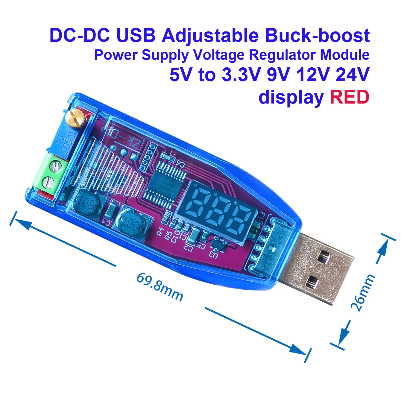 DC-DC USB adjustable buck-boost power supply voltage regulator module 5V to 3.3V 9V 12V 24V display Red