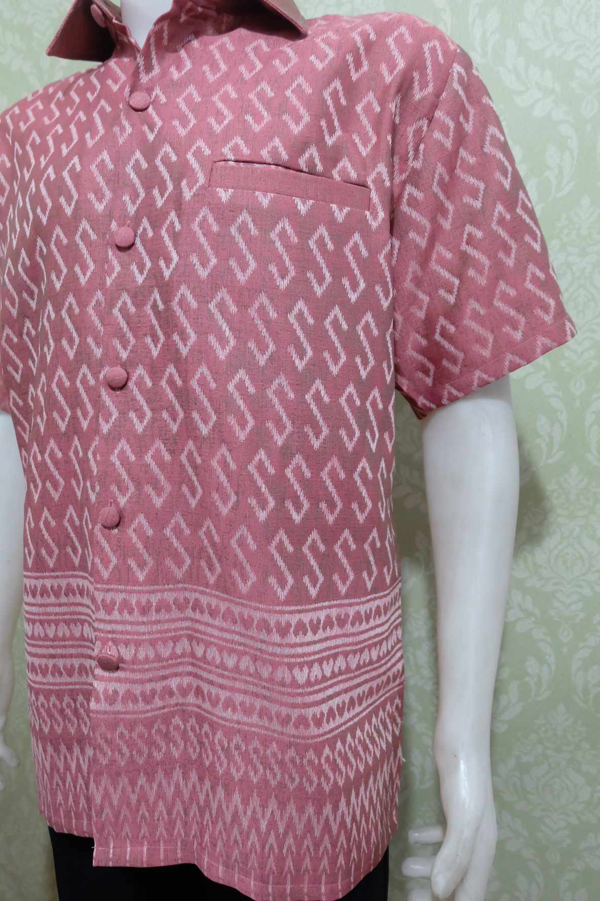 เสื้อลายขอผู้ชาย ผ้าฝ้ายทอลายเนื้อดี สีโอรสชมพู 4XL อกเสื้อ50 นิ้ว