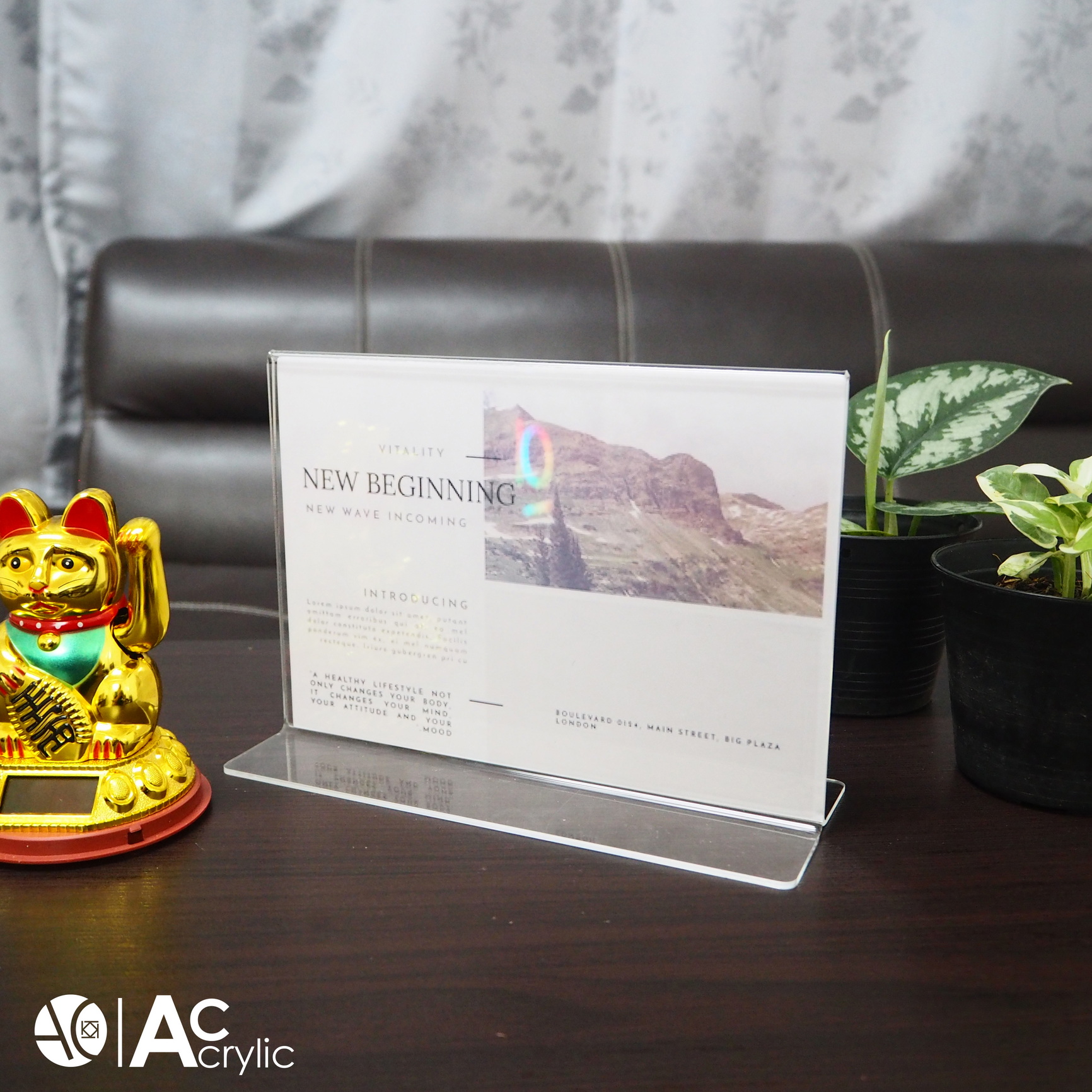 ป้ายตั้งโต๊ะ ป้ายอะคริลิค A5 แนวนอน 21.5x15 cm อะคริลิค โชว์กระดาษ 2 ด้าน ทรง T Acrylic (A5L2P)