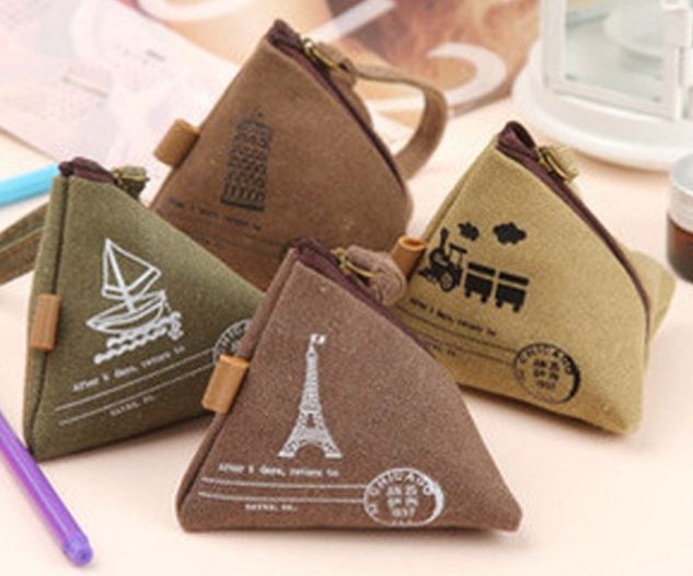 กระเป๋าใส่เหรียญ กระเป๋าใบเล็ก ใส่เศษสตางค์ ทรงสามเหลี่ยม น่ารัก ผ้า canvas หรือ ผ้ายีนส์ ของชำร่วยงานแต่งงาน ราคาถูก no 43634