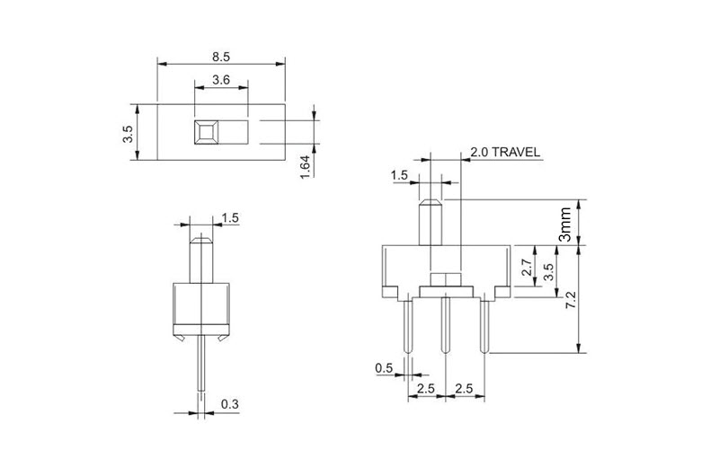 4mm High Knob Slide 2 Position 1P2T SPDT 3 Pin PCB Panel Toys Mini Vertical Slide Toggle Sliding SS12d
