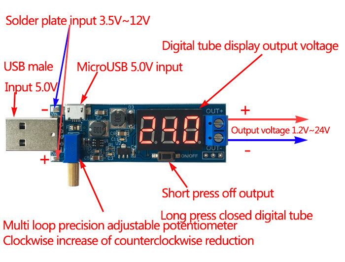 DC-DC USB adjustable buck-boost power supply voltage regulator module 5V to 3.3V 9V 12V 24V