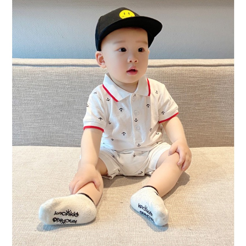 เสื้อผ้าเด็กอ่อน ชุดทารกชาย ชุดจั๊มสูท เนื้อผ้านุ่ม ลายสมอ มาพร้อมหมวก สินค้าพร้อมส่ง